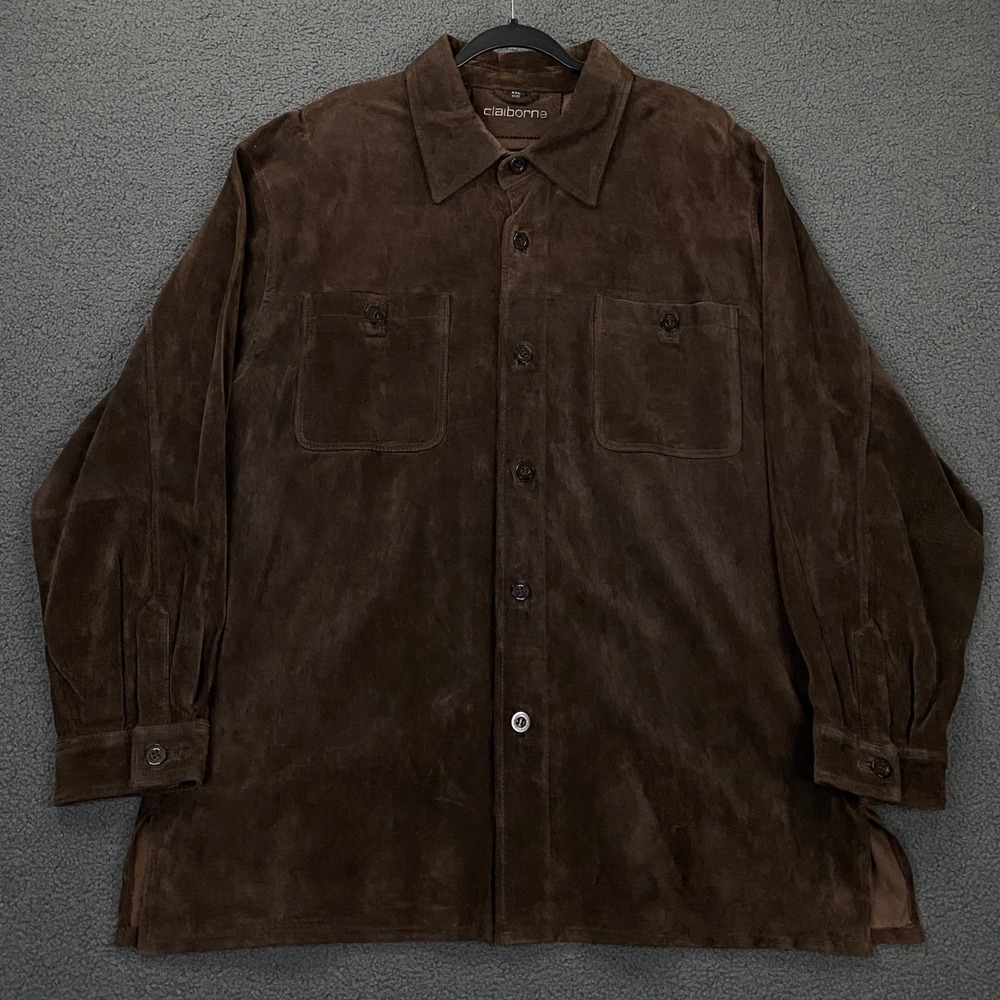 Claiborne Leather Shirt Jacket Mens 2XL Brown Suede Button Up western Shacket